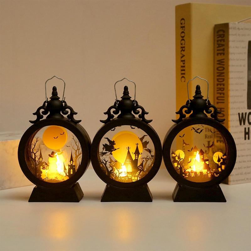 Halloween Lantern Witch Pumpkin LED Light Gothic Vintage Castle Lantern Table Centerpieces Windows Walls Home Party Decorations