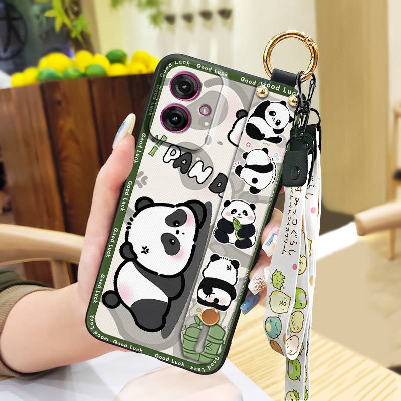 Phone Holder Wrist Strap Phone Case For MOTO G55 5G Fashion Design Wristband Panda Kickstand Cute Soft case Anti-dust