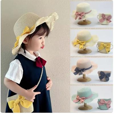 2026 Nouveau chapeau de paille d'été tressé pour enfants, chapeau de soleil tressé avec nœud en dentelle, sac chapeau de soleil tressé, 2 ensembles