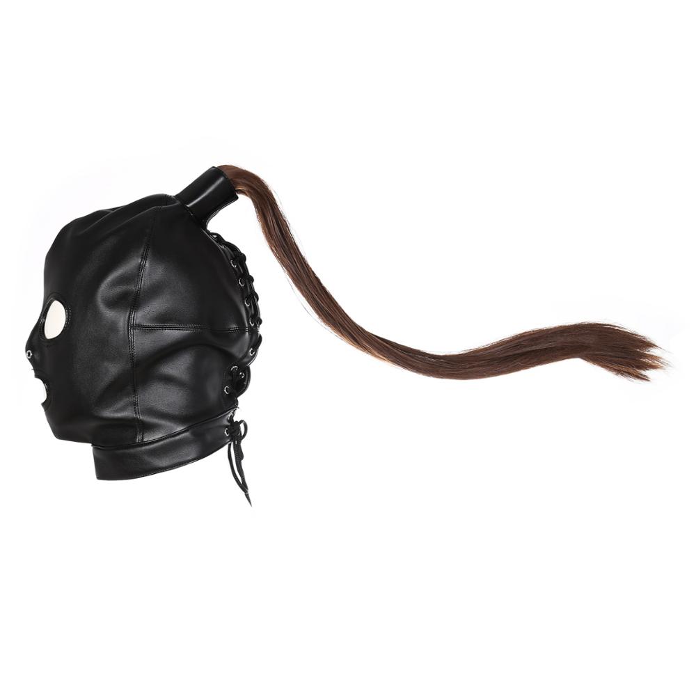 TleMeny Latex Unisex Hood Mask Sexy PU Leather Masks Men Women Cosplay Flirting Hair Ponytail Chest Belt Headgear Sexy Cosplay