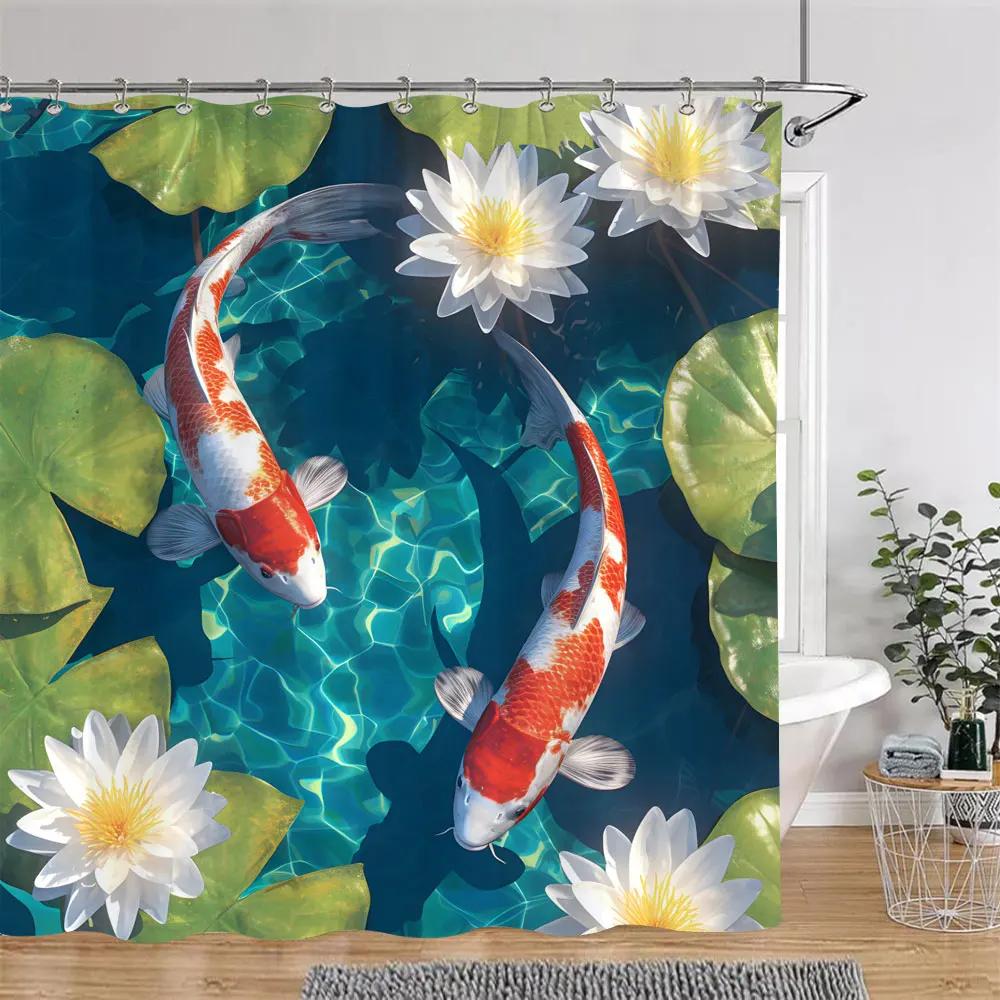 Japanese Style Shower Curtain Koi Fish Cherry Blossom Sun Sea Wave Octopus Landscape Polyester Fabric Curtains Bathroom Decor