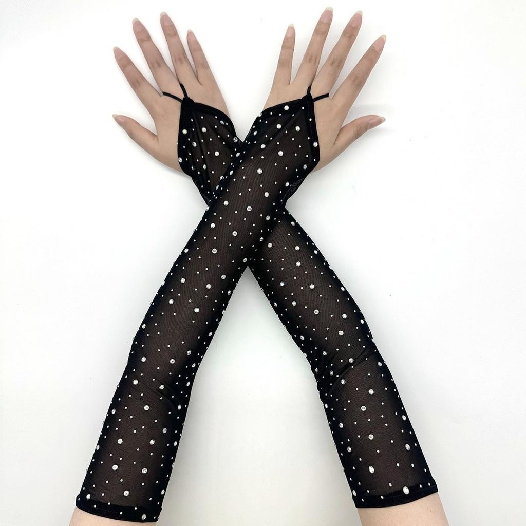 Long Mesh Sun Protection Gloves Women Thin Fingerless Outdoor Ice Silk Crystal Rhinestone Embellished Sleeve Covers