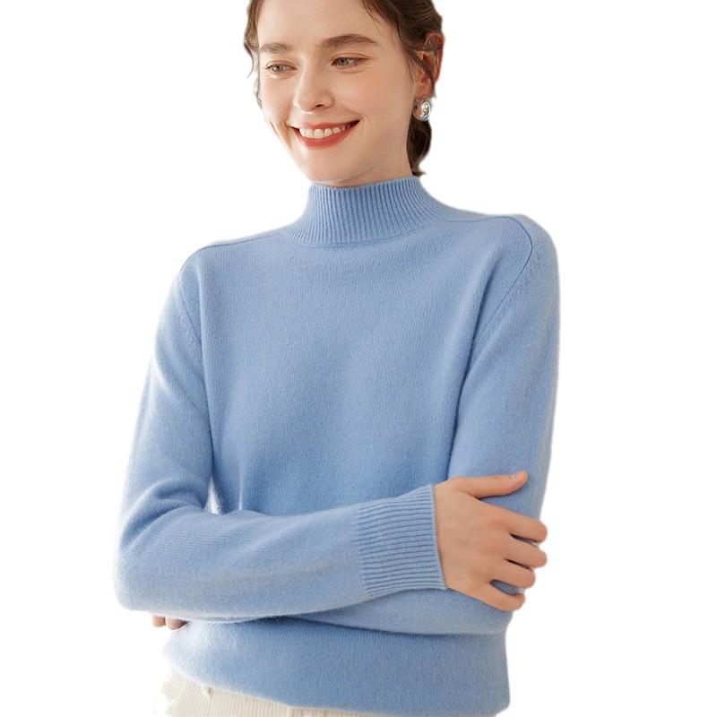 Women's Cashmere Winter Sweater - Half High Neck, Thick Knit, Saddle Shoulder, Loose Fit Pullover.