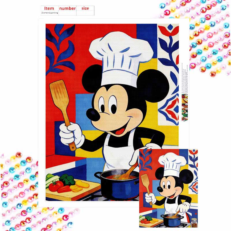 Disney Diamond Painting 5D DIY Diamond Painting Mickey Mouse Chef Cooking Mosaic Disney Cartoon Picture Rhinestone Kit Gift Round 20x30cm
