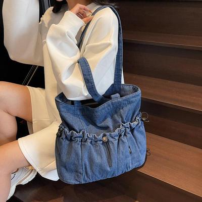 Korean Version of Simple Large-capacity Denim Bag Women's Casual Solid Color Literary Shoulder Bag College Student Class Tote Bag