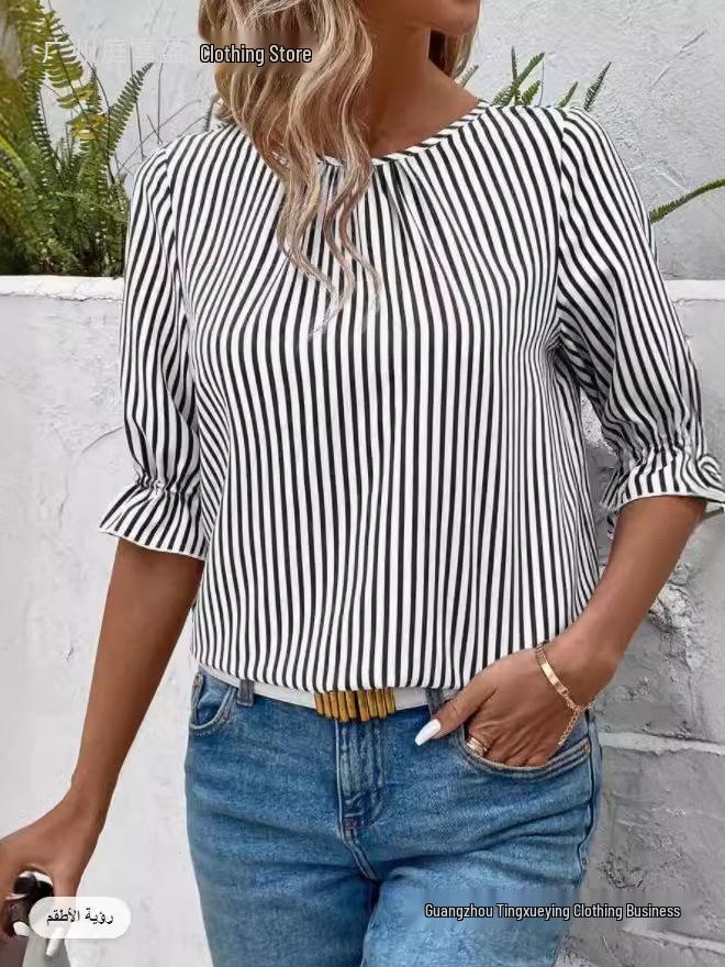 2026 Fashion Blue Striped Button-Design Shirt: European & American Style