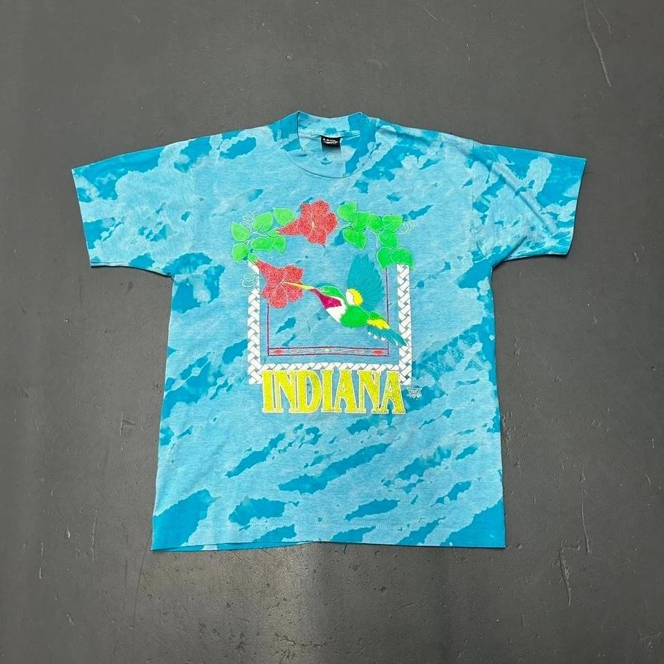 Винтажная яркая футболка с колибри tie dye, 90-е, одинарный шов, Индиана S