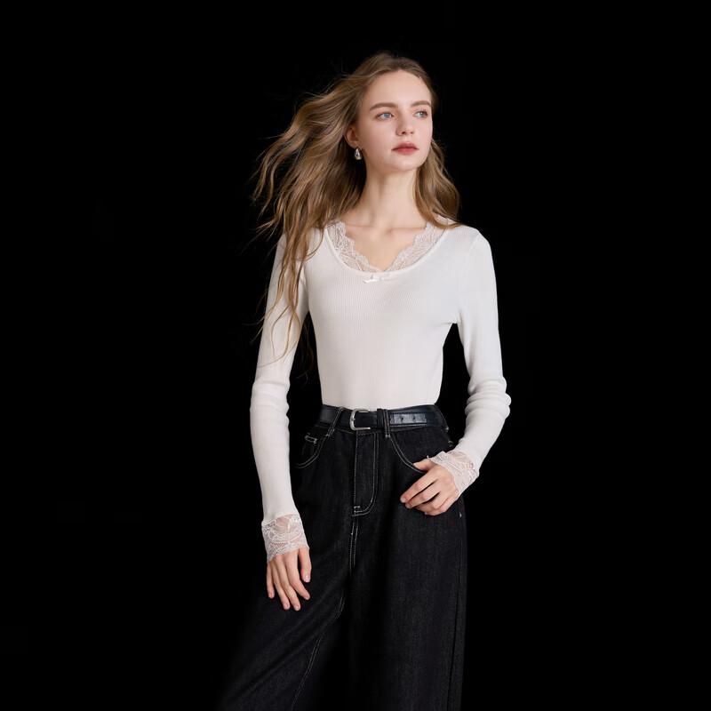 Sancai 2025 Winter Slim-fit Lace V-neck Long Sleeve Knit Top