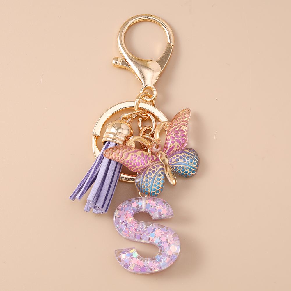 Fashion Purple Tassel Alphabet Keychain 26 Initials Letter Key Ring for Women Girls Handbag Pendants DIY Handmade Jewelry Gifts