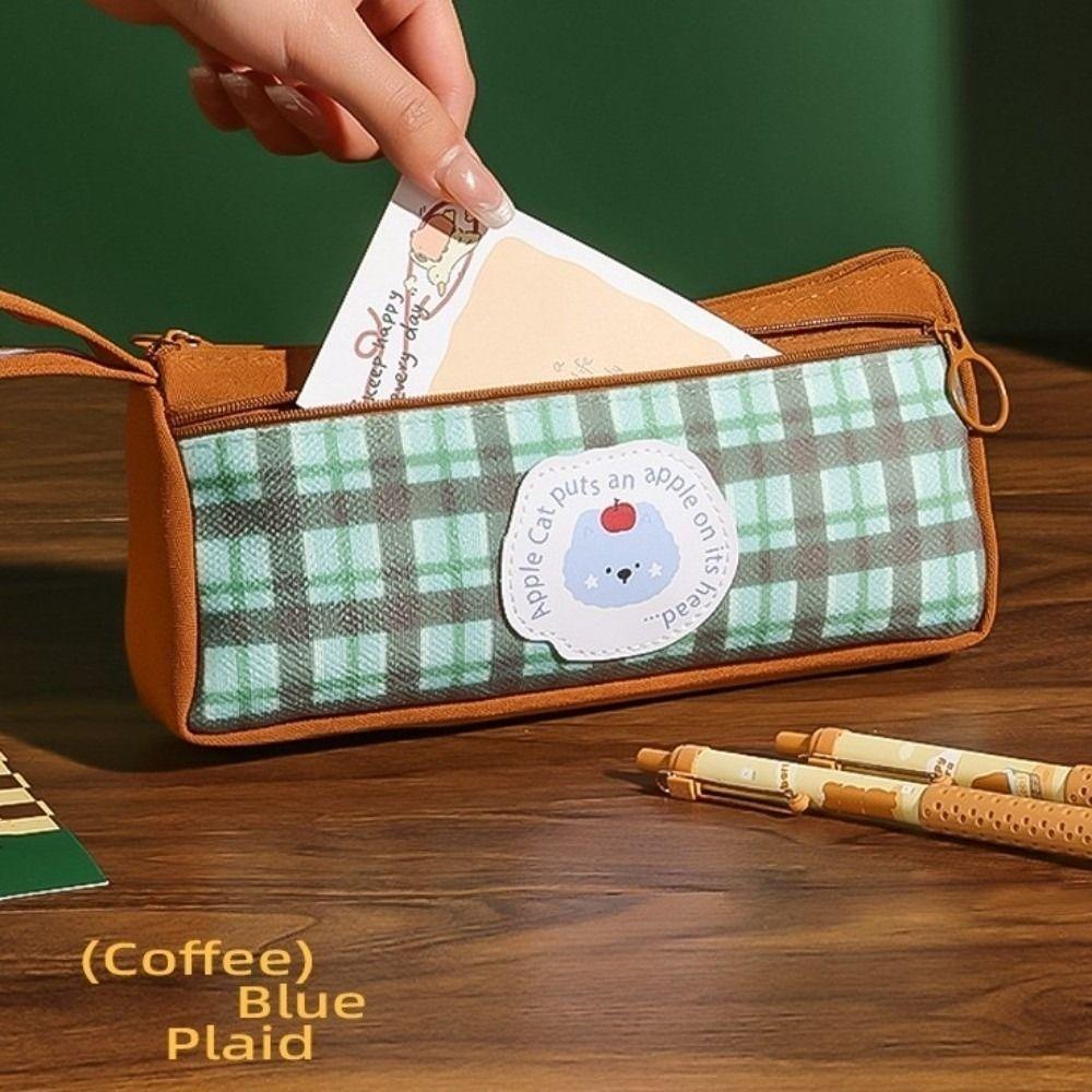 Grid Pattern Retro Grid Stationery Bag Cute Animal Pencil Pouch Vintage Plaid Pen Bag  Student