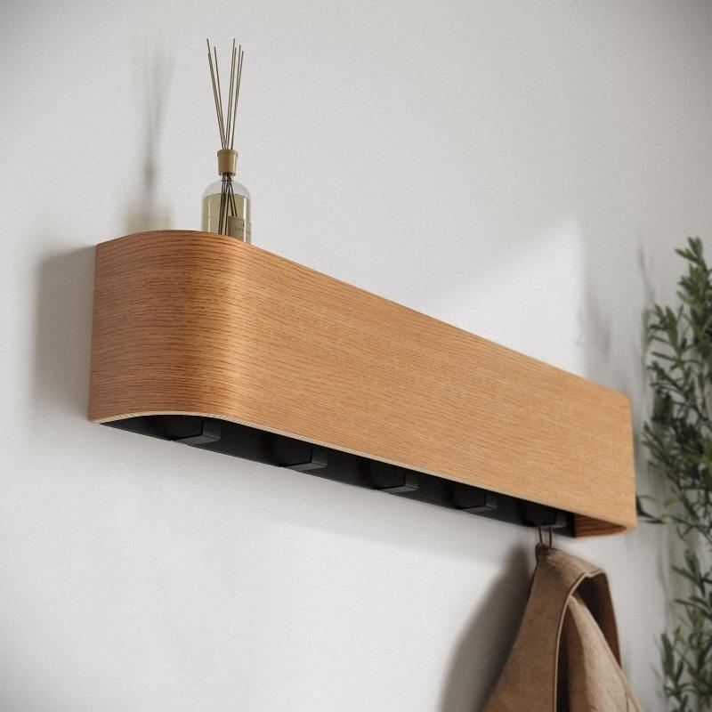 Wall Mounted Coat Rack, Modern Design Coat Rack with Hidden Wall Hooks - Solid Wood Veneer Panel Coat Hanger Walnut,1pc