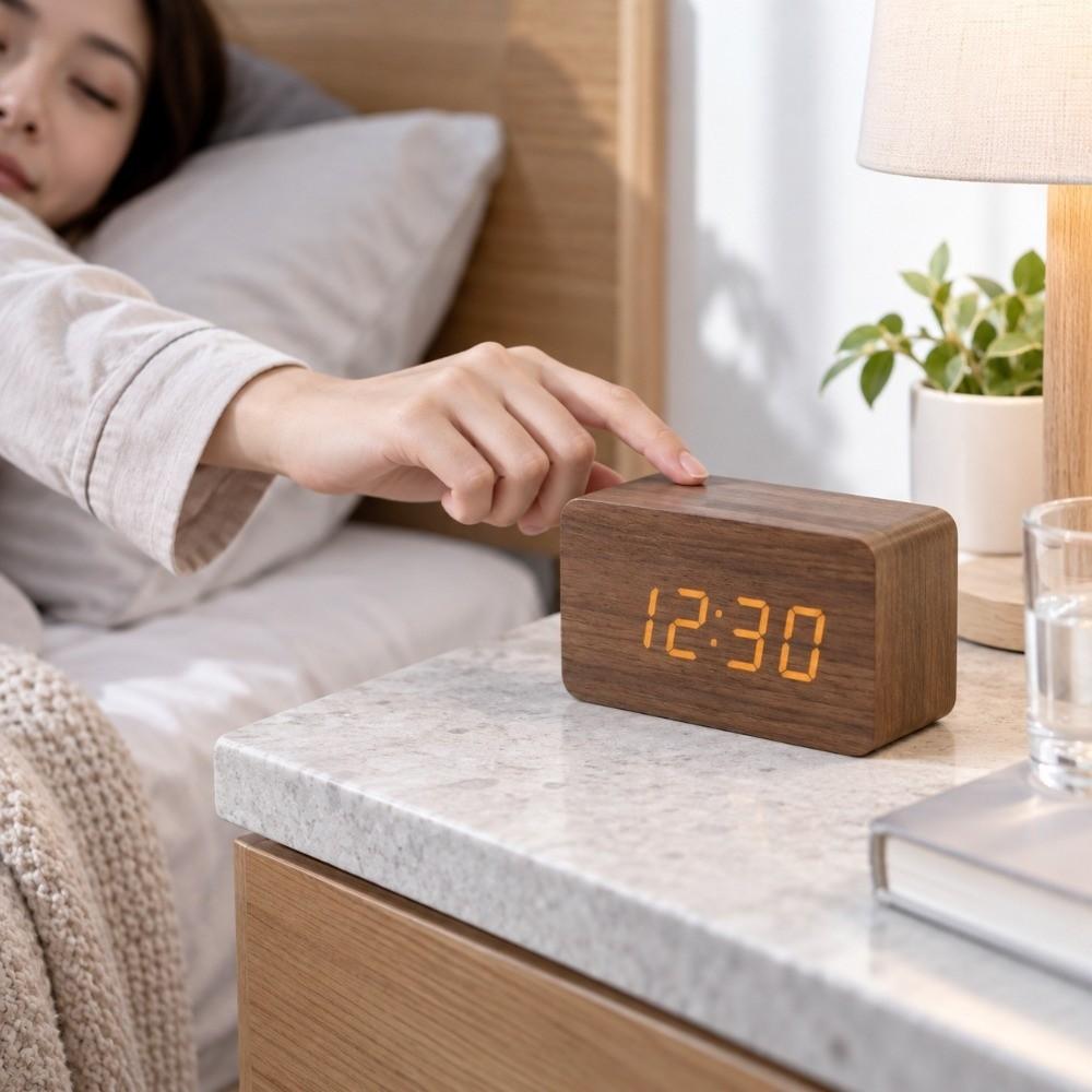 Digital Display Wooden Alarm Clock Temperature Sensor LED Alarm Clock Men/Women