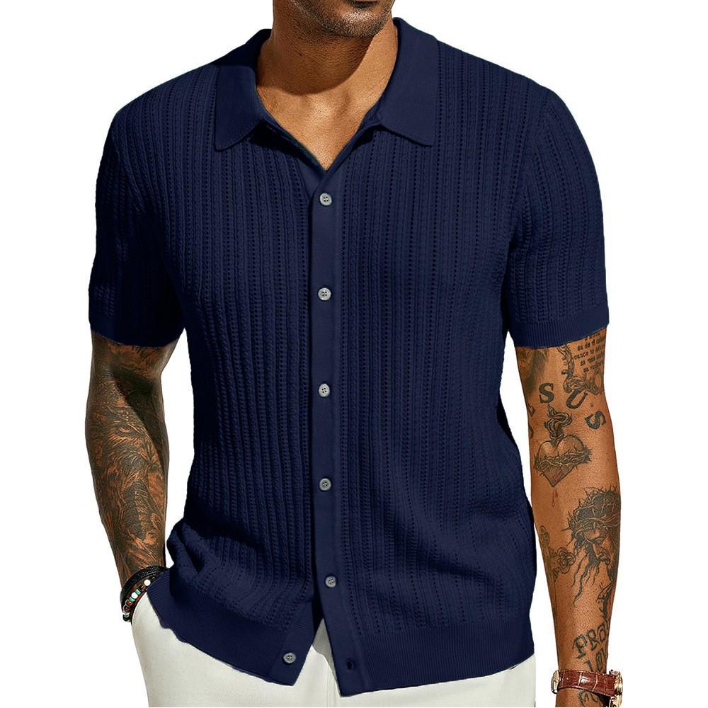 Men's Summer Cool Knit Short Sleeve Collared Shirt - Solid Color, Breathable, Hollow Out Design