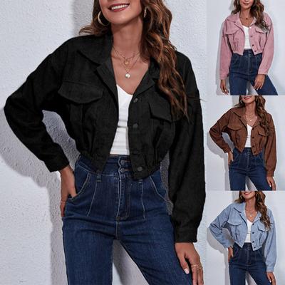 Women's Casual Loose Drop Shoulder Long Sleeve Corduroy Cropped Jacket