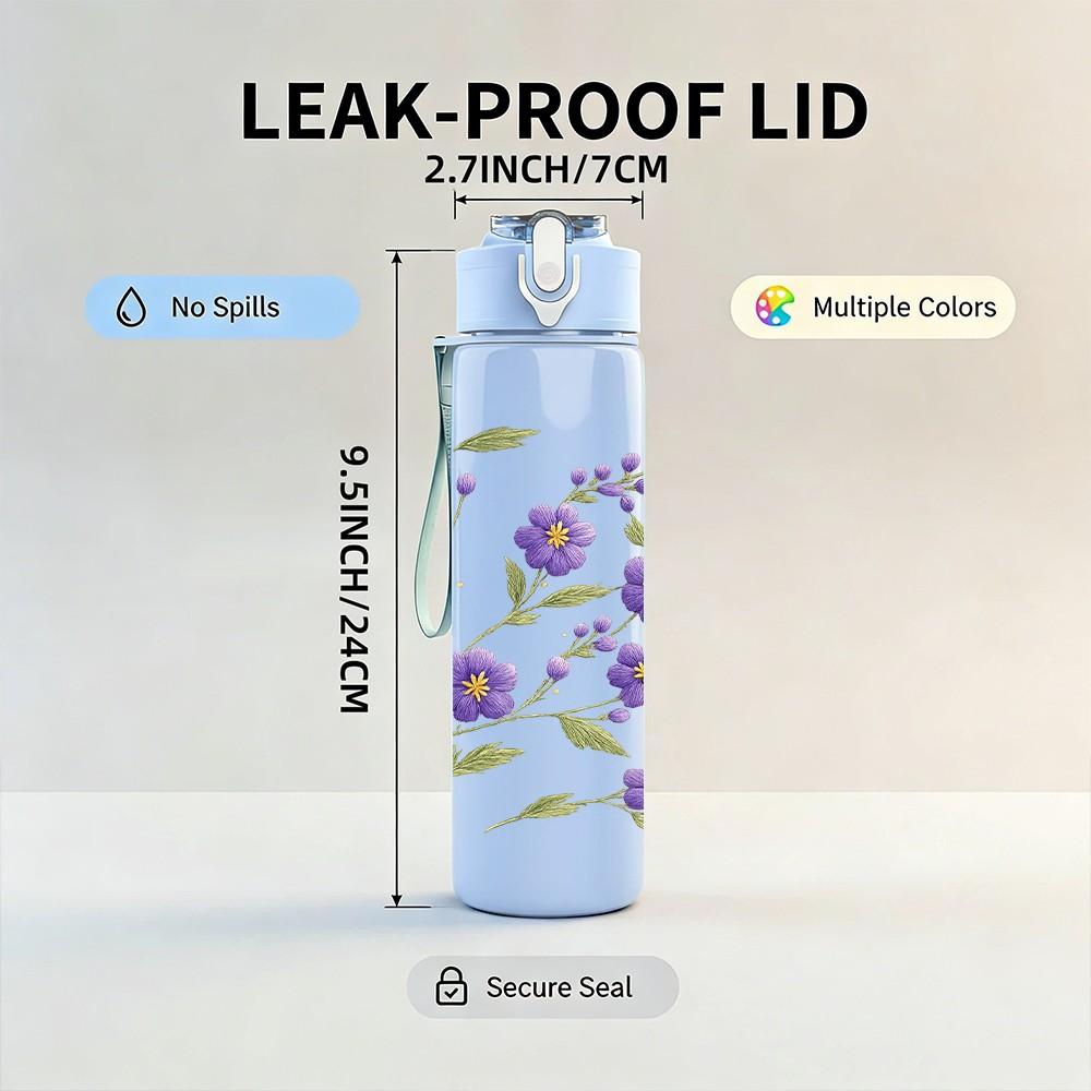 1PC Purple Lavender Small Flower Cluster Print 750ml Color Plastic Sports Water Bottle Leakproof Flip Straw Lid Suitable for Sports Office Home Use