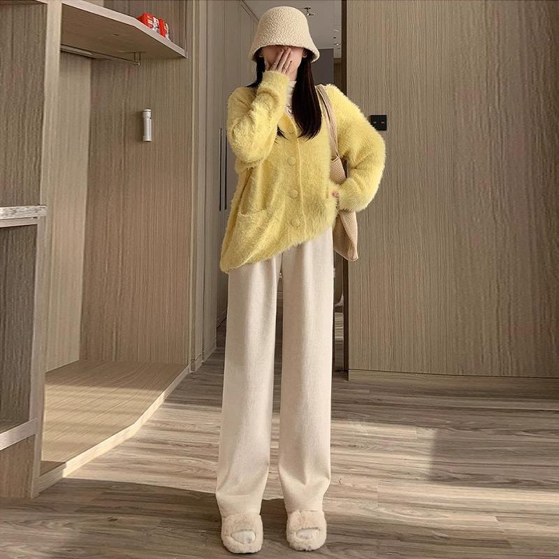 

Wide Leg Maternity Pants - Spring/Autumn Loose Fit, Plus Size, Velvet Faux Cashmere, Straight Leg, Long. Large (115-135 lbs)