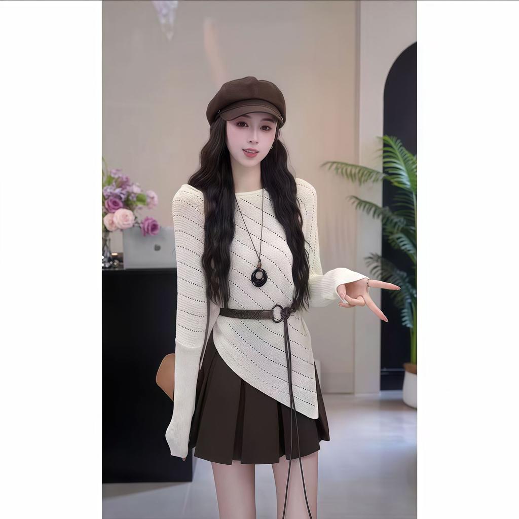 Lazy wind irregular hem hollow women's new Korean knitted top women