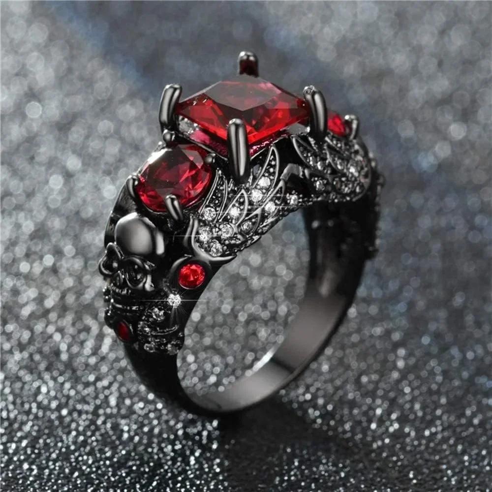 Gothic Purple Red Black Crystal Unique Black Skull Rings for Women Halloween Christmas Gifts Jewelry
