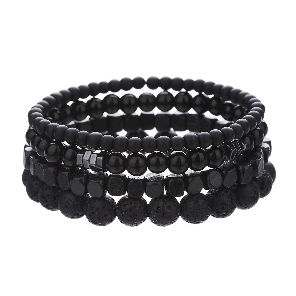 Cross Men s Multi-layer Bracelet Set: Black Gallstone, Volcanic Stone, Wood Beads. Elastic Jewelry.
