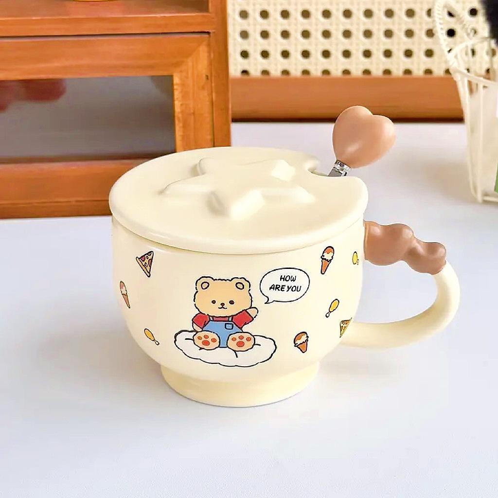 

Cartoon Bear Coffee Cup High Value Mug with Cover Spoon Pink Rabbit Ceramic Cup Couple Cup 350ml