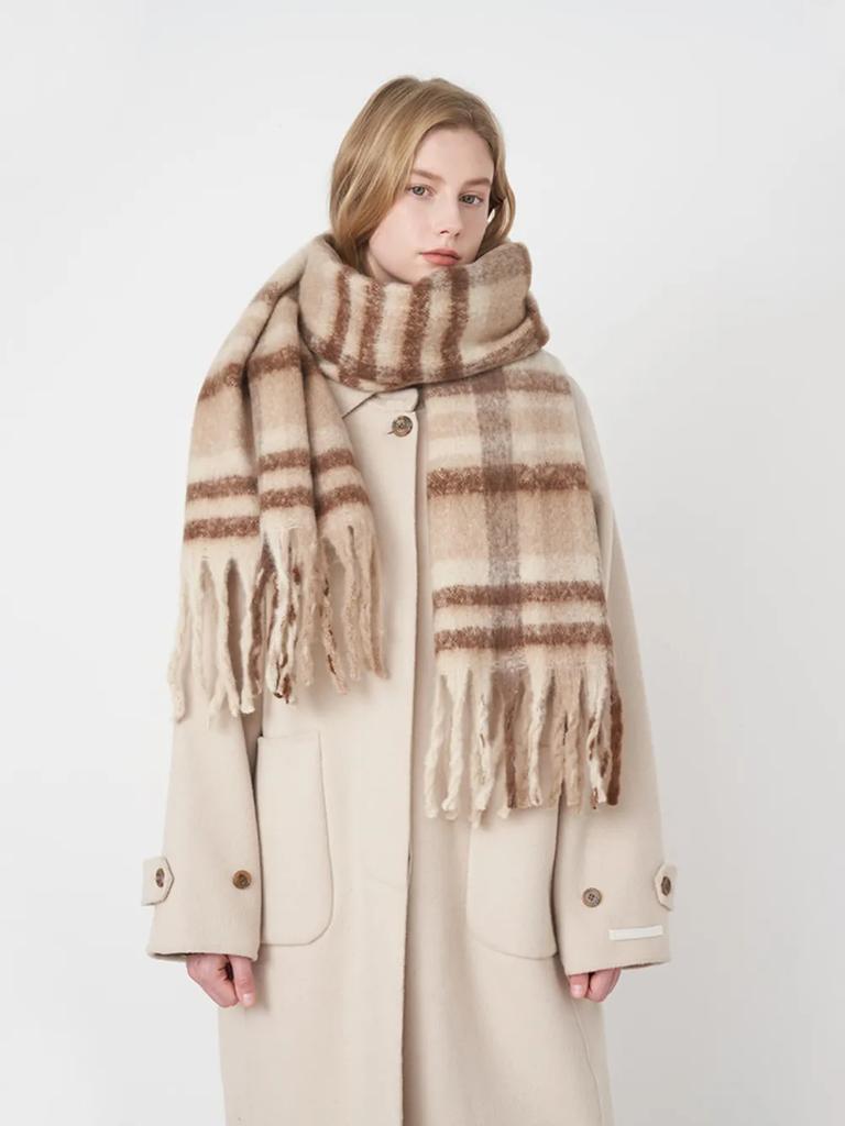Korean Fringe Plaid Cashmere Scarf Shawl Women Warm Thick Mohair Scarf Pashmina Fashionable Soft Tassel Scarf Neck Protection