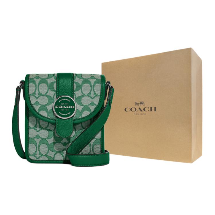 New COACH N/S Jacquard Fabric With Leather Cell Phone Pouch, Shoulder Bag Mini Women's Green C8321-SVGN