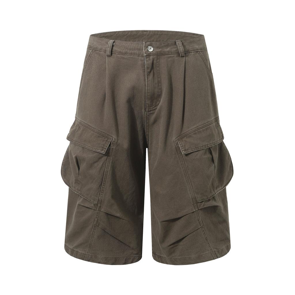 XBRO American Retro Pleated Summer Scimitar Loose Shorts Cargo Pants Cropped Pants Multi-pocket Men's and Women's Wide-leg Pants