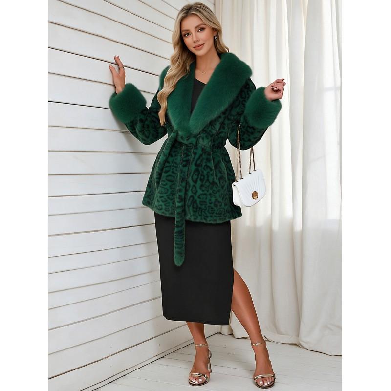 Womens Short Faux Fur Coat Leopard Print Belted Warm Leather Plush Outerwear