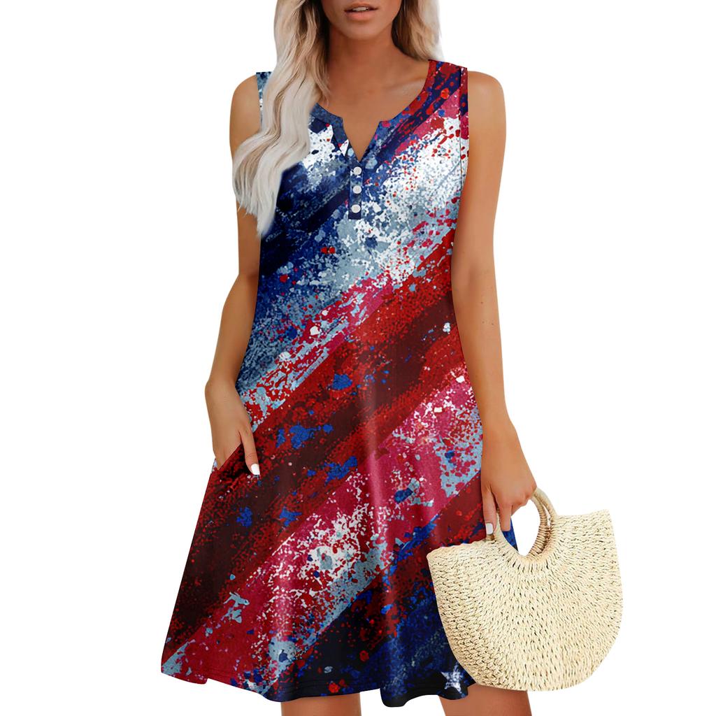 Damen Sommerkleider Lockeres V-Ausschnitt Ärmelloses Sommerkleid Kleid Mit Taschen