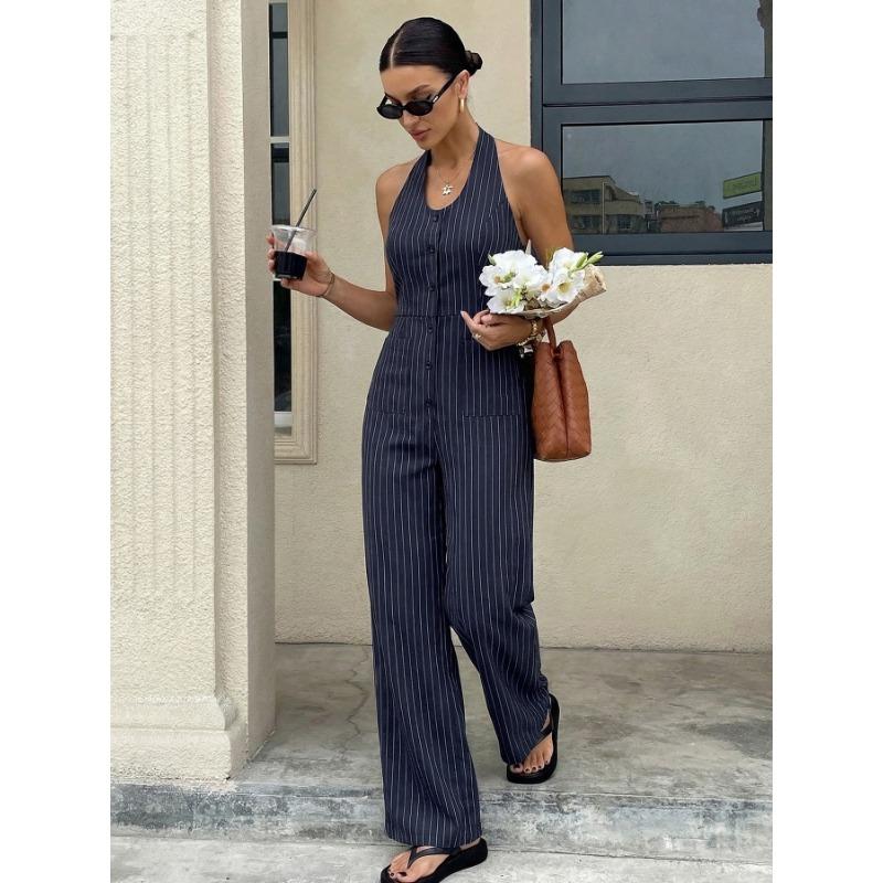 Women Navy Blue Striped Halter Backless Casual Commuter Cropped Jumpsuit