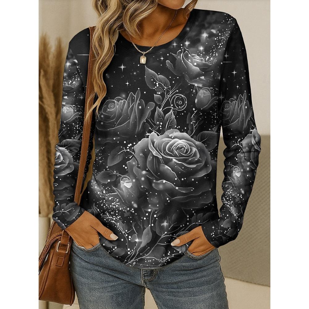 Damen T-Shirt 3D Elegant Rose Floral Print Mode Langarm Rundhals Regulär Oberteil Feiertagswochenende Frühling Herbst