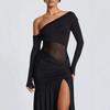European and American One Shoulder Folded Waist Perspective Off Shoulder Mesh Women's Sexy Long Dress