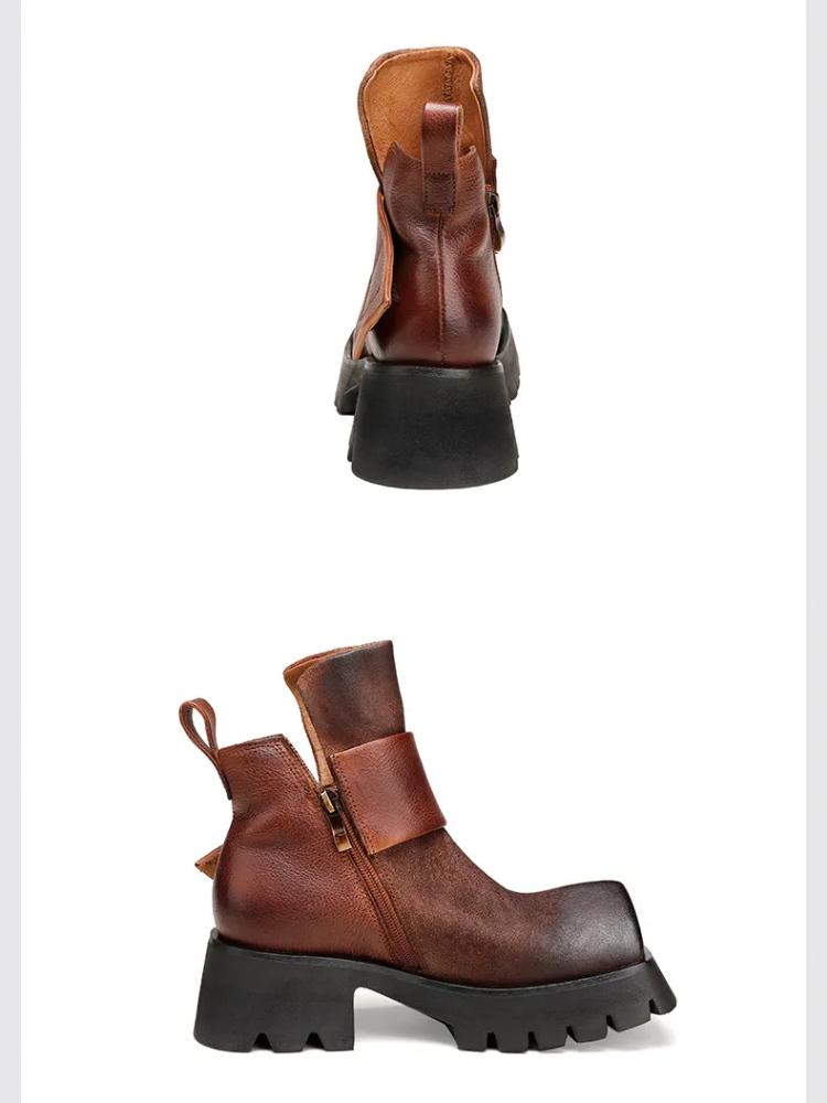 Johnature Genuine Leather Square Toe Short Boots Retro Thick Sole Thick Heels Women's Shoes