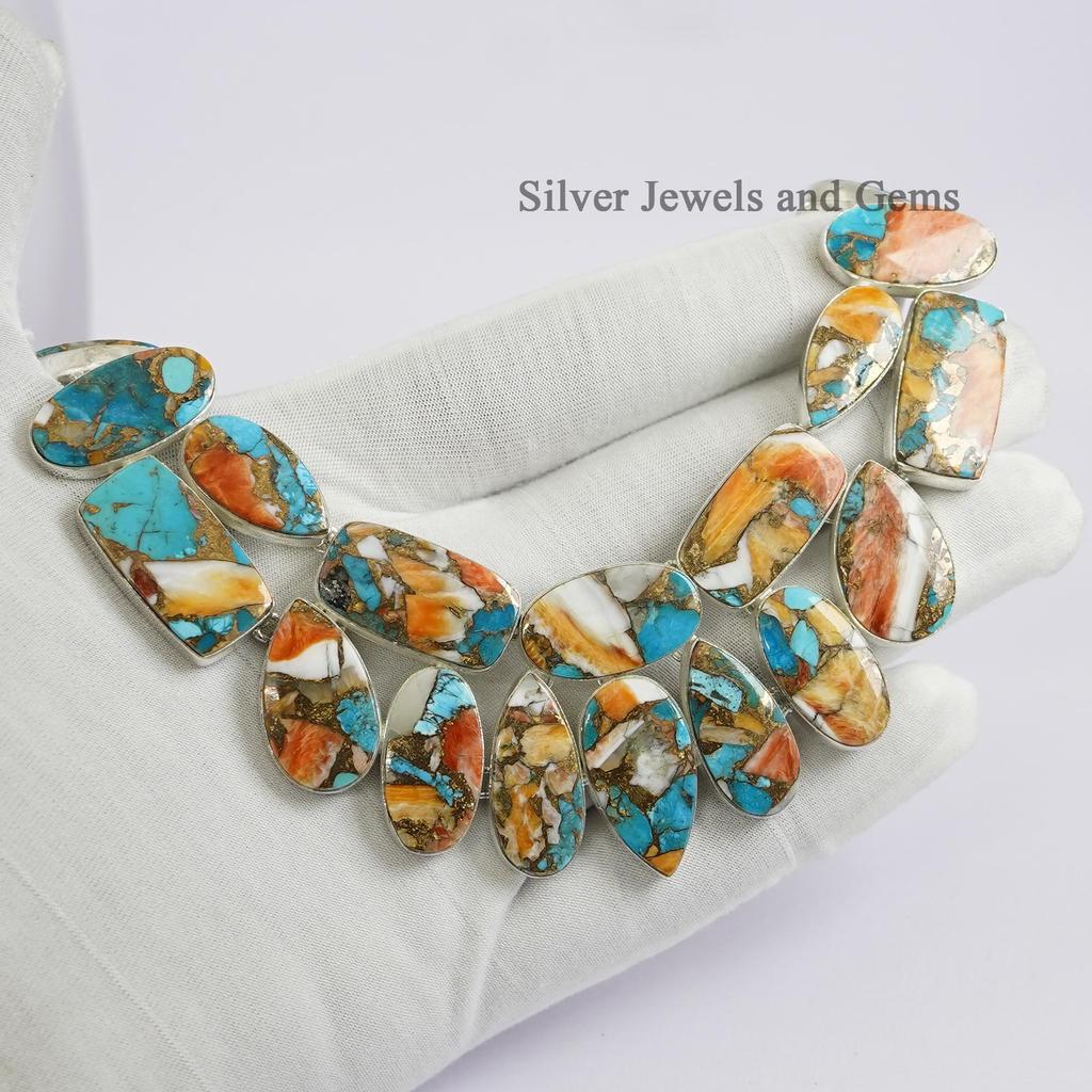 Oyster Copper Turquoise Sterling Silver Necklace, Multi Stone Cluster, Designer Wedding Jewelry