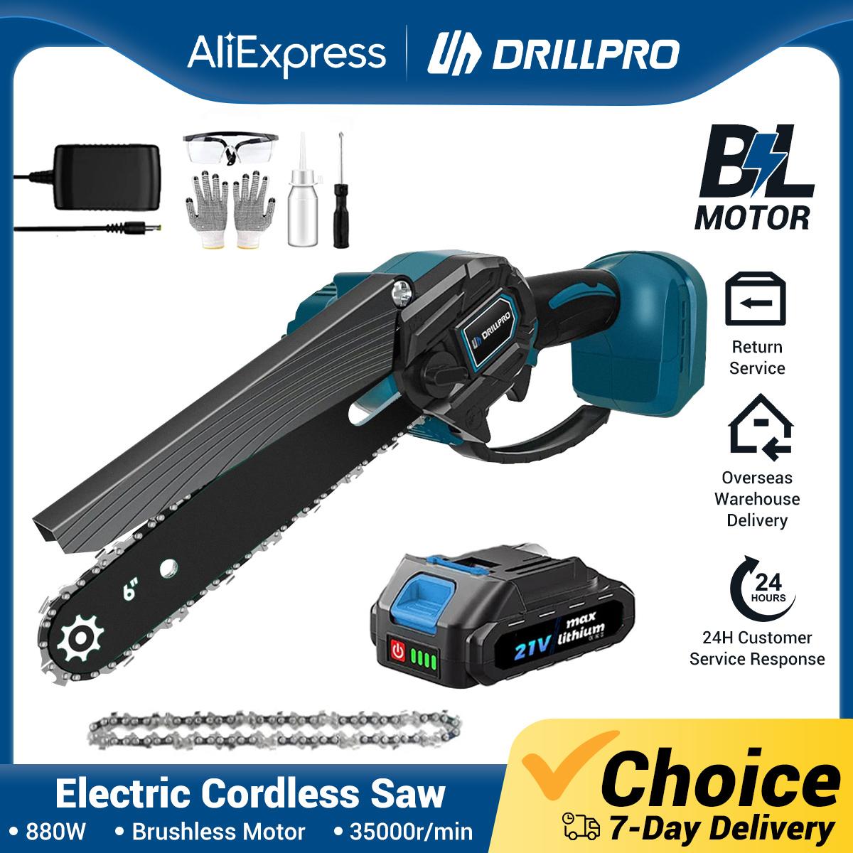 

Мини-цепная пила DrillPro 6/8 дюйма с бесщеточным двигателем, эффективной мощностью резки, аккумуляторной батареей и функциями безопасности, идеально подходит для обрезки, подрезки и no battery