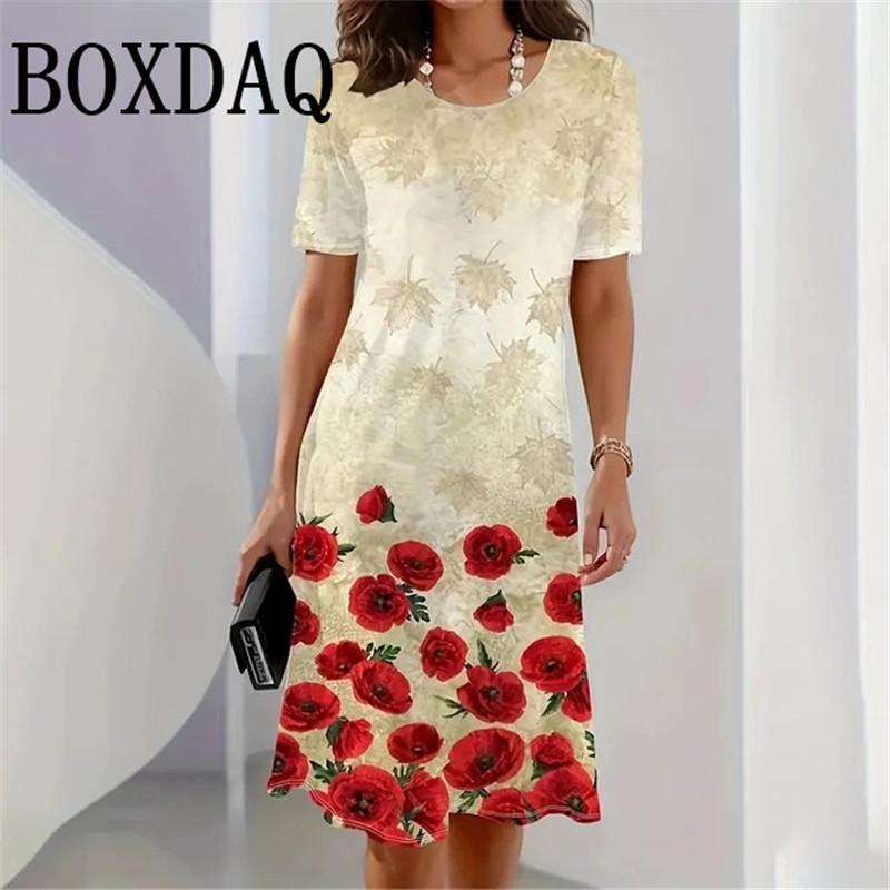 Lady New Dress 3D Printed Short Sleeve Mid-Length Dress Fashion Summer Autumn O-Neck Loose Vintage Dress Elegant Women Clothing