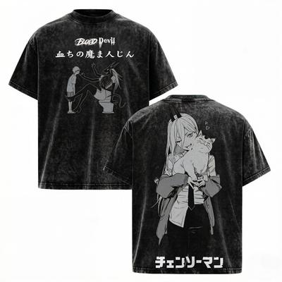 Anime Chainsaw Man Power Grafik T-Shirt Herren Damen Kurzarm Kleidung Oversized T-Shirt Gewaschenes Baumwoll-T-Shirt