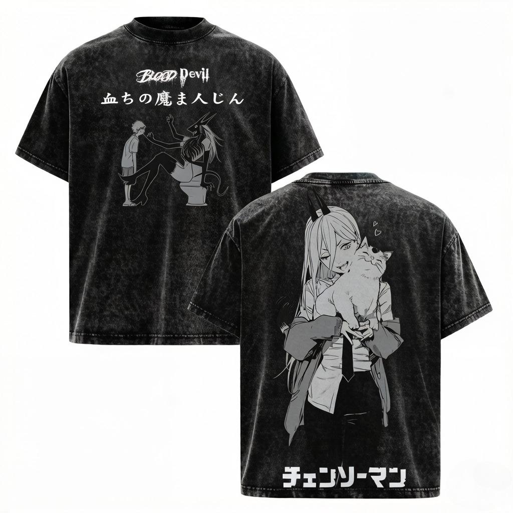 

Anime Chainsaw Man Power Graphic T Shirt Men Women Short Sleeve Clothing Oversized Tshirt Washed Cotton T-shirt 3XL