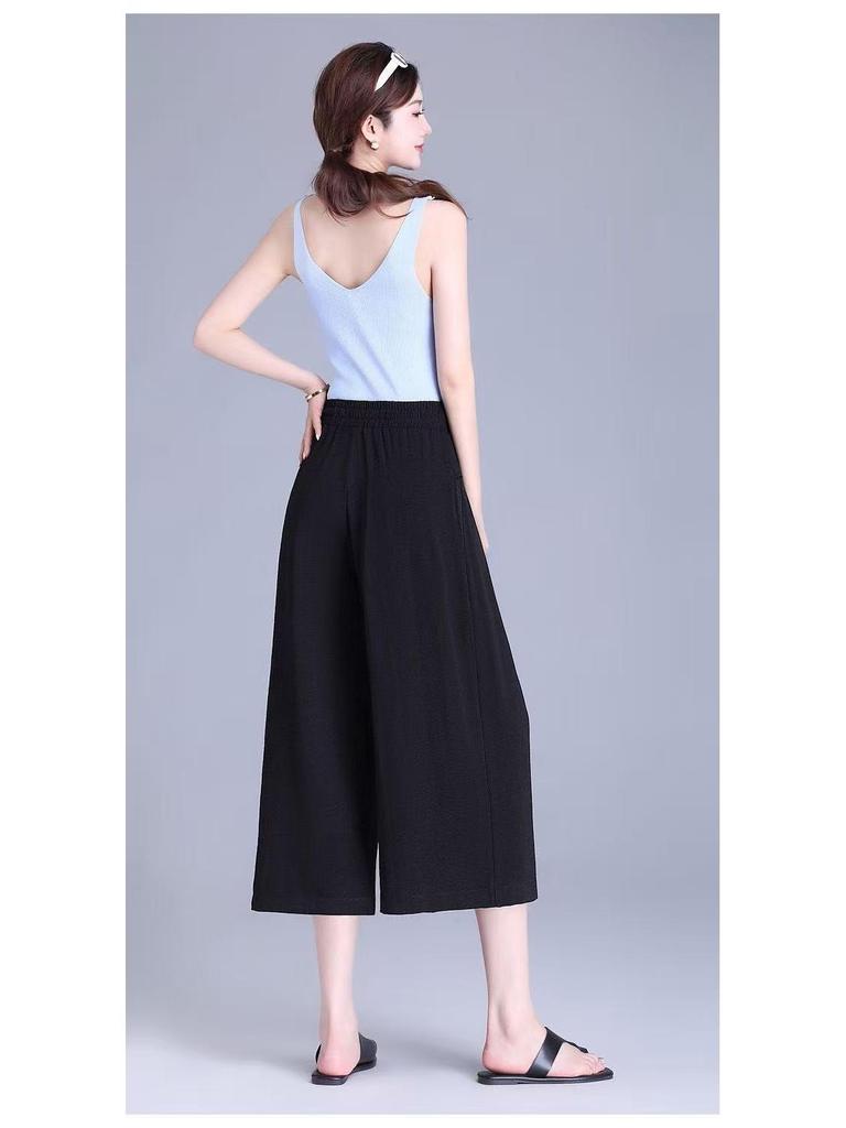 2025 Summer High-Waist Ice Silk Cropped Wide-Leg Pants - Korean Style, Casual, Loose, Lightweight Women's Skirt Pants