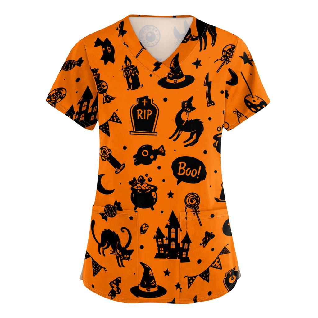 Women's V Neck Halloween Print Short Sleeve Medical Scrub Top with Pocket Side Slit Design Suitable for Healthcare Professionals