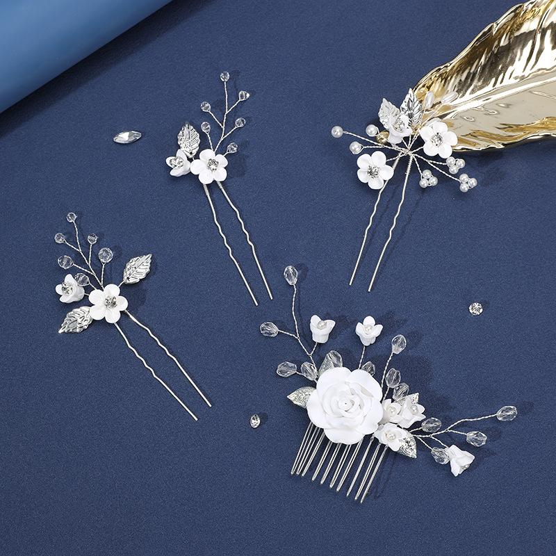 Handmade White Pearl Rose & Rhinestone Hair Comb & Ceramic Flower Vase Bridal Set