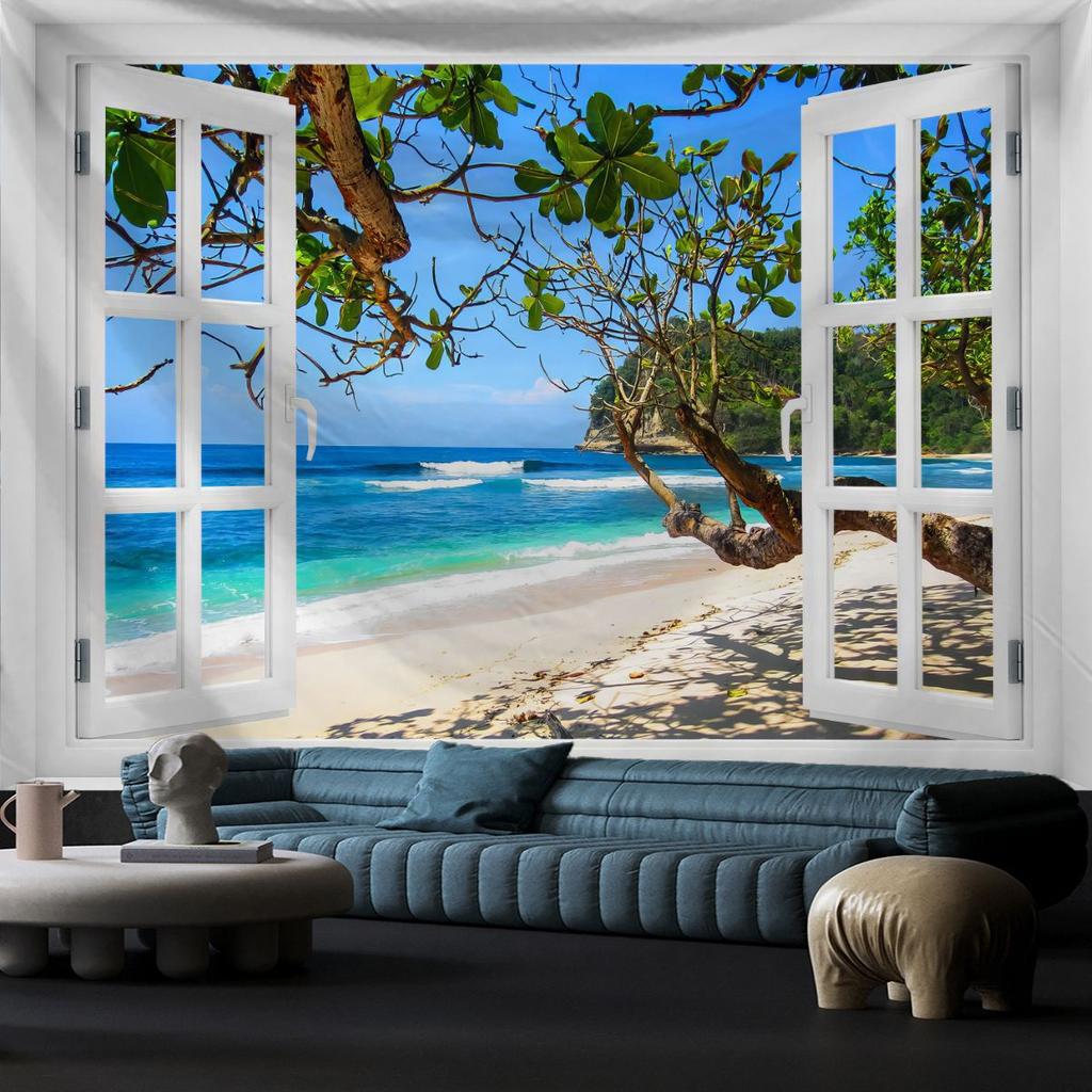Window View Tapestry for Photography Background Fabric, Room Decorations Digital-printed Polyester Tapestries Living Rooms