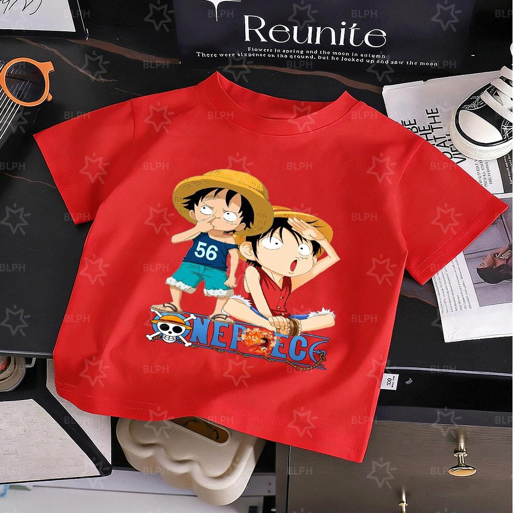 Cute One Piece Luffy Kids T-Shirt, Classic Anime Character Design, Comfortable Cotton Summer Tee for Boys and Girls