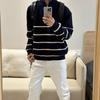 Men's College-Style Striped Knit Sweater, Stand Collar, Half-Zip, Loose Fit for Autumn & Winter, Warm High-End Top