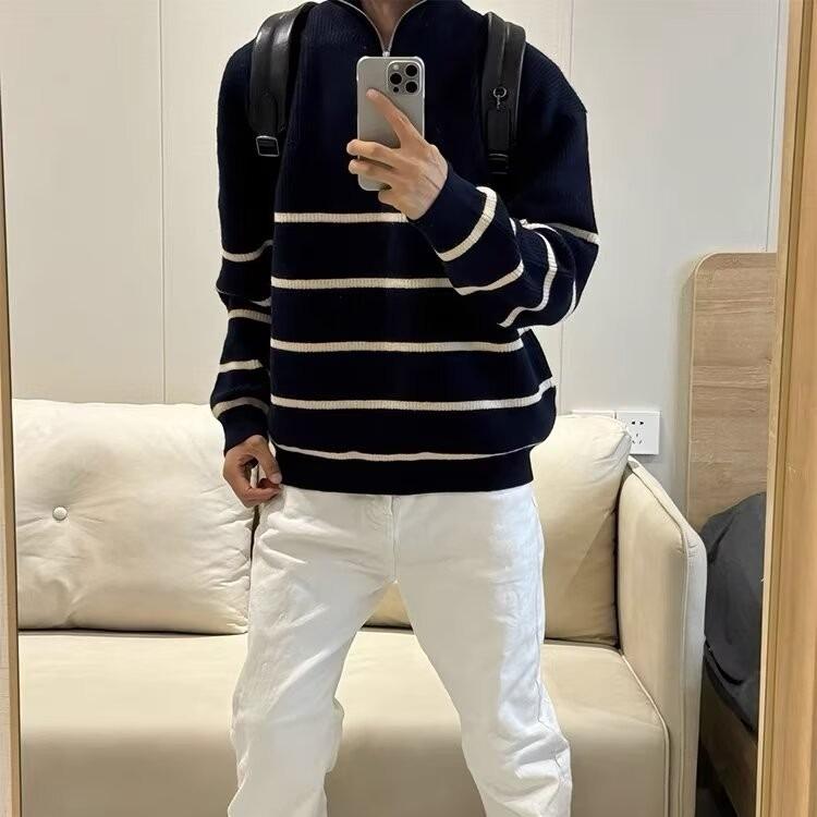 Men's College-Style Striped Knit Sweater, Stand Collar, Half-Zip, Loose Fit for Autumn & Winter, Warm High-End Top
