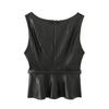 European and American style, new women's clothing, foreign style, fashionable imitation leather effect V-neck sleeveless belt top