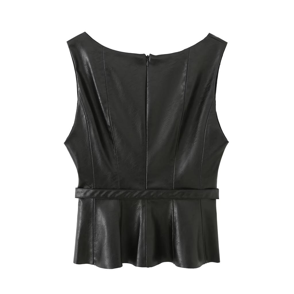 European and American style, new women's clothing, foreign style, fashionable imitation leather effect V-neck sleeveless belt top
