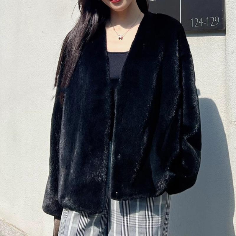 Podzimní a zimní nový dámský módní kabát z umělé kožešiny s výstřihem do V