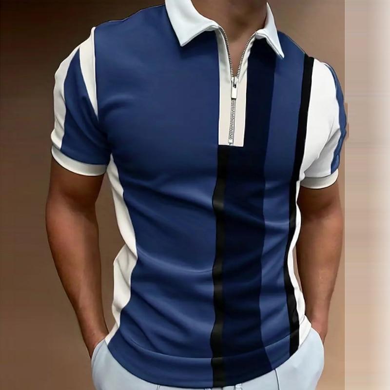 Men's Shirt Polo Casual Zip Short Sleeve Fashion Casual Zipper Summer Spring Regular Fit 3D Grey Stripe Print Shirt