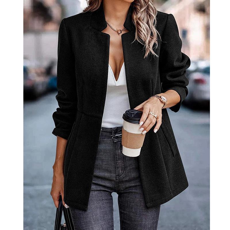 

Женский костюмный пиджак на осень/зиму с лацканами, длинными рукавами, однотонный, повседневного свободного кроя, с карманами S